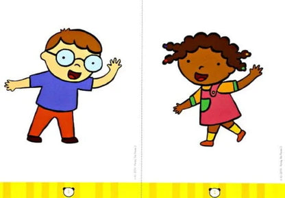 Cartoon illustration of a boy and a girl with a yellow border