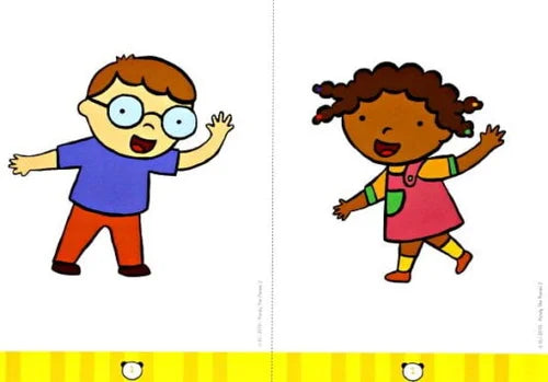 Cartoon illustration of a boy and a girl with a yellow border