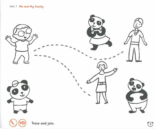 Children's educational page with line drawings of people and pandas, labeled 'Me and My Family'.