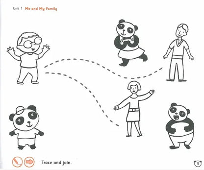 Children's educational page with line drawings of people and pandas, labeled 'Me and My Family'.