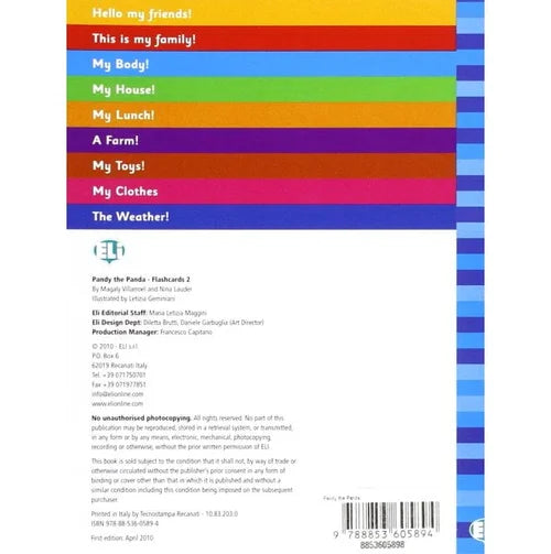 Back cover of a book with colorful text sections and a barcode.