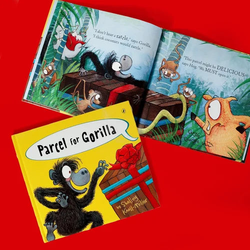 Children's book titled 'Parcel for Gorilla' with colorful illustrations on a red background