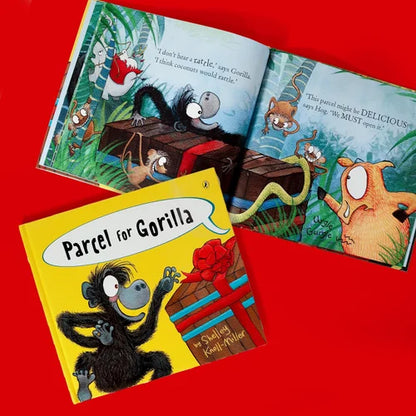 Children's book titled 'Parcel for Gorilla' with colorful illustrations on a red background