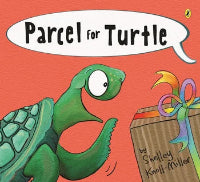 Book cover of 'Parcel for Turtle' with a turtle and包裹 on an orange background