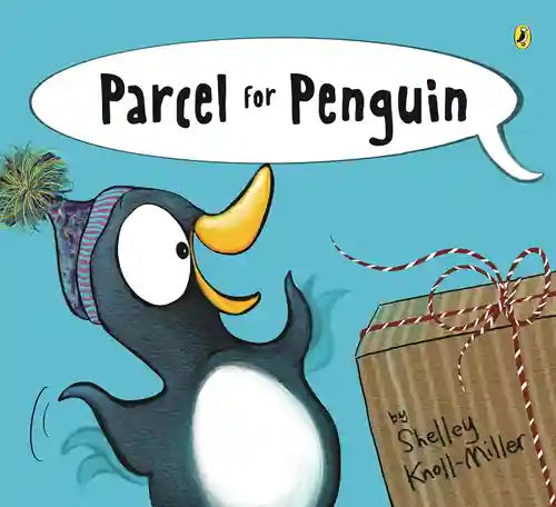 Book cover of 'Parcel for Penguin' with a penguin holding a package against a blue background.