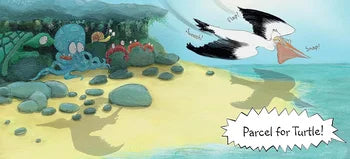 Cartoon scene with a turtle, fish, and bird on an island with a parcel labeled 'Parcel for Turtle!'.