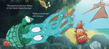 Illustration of a sea creature and a crab with text on a colorful background