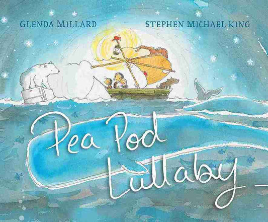 Book cover of 'Pea Pod Lullaby' featuring a polar bear, boat, and whale in a snowy landscape.