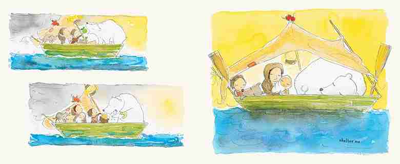 Two illustrations of sailboats on a watercolor background