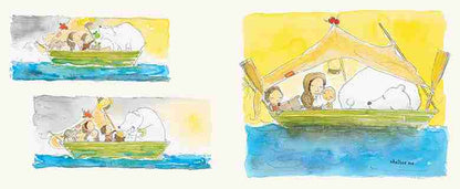 Two illustrations of sailboats on a watercolor background