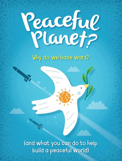 Book cover of 'Peaceful Planet?' with a dove and rocket on a blue background