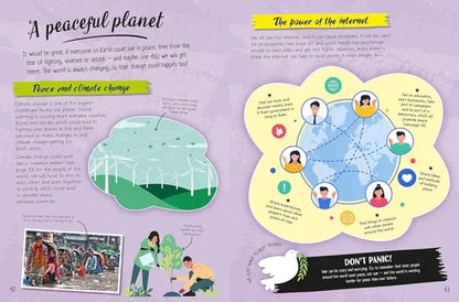 Educational page about peace, climate change, and the power of the internet on a purple background.