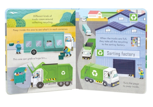Children's book about recycling with illustrations of garbage trucks and a sorting factory.
