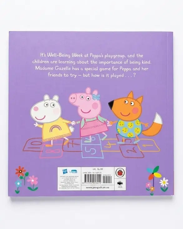 The back cover of a Peppa Pig children's book on a solid purple background, featuring illustrations of Peppa, Suzy, George, and Madge playing hopscotch with text describing a 'Well-Being Week' playgroup scene.