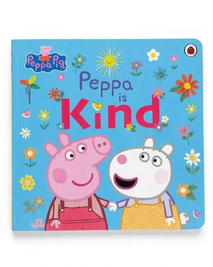 Peppa Pig board book titled 'Peppa is Kind' featuring Peppa and Suzy on a bright blue cover decorated with colorful flowers and sun illustrations.