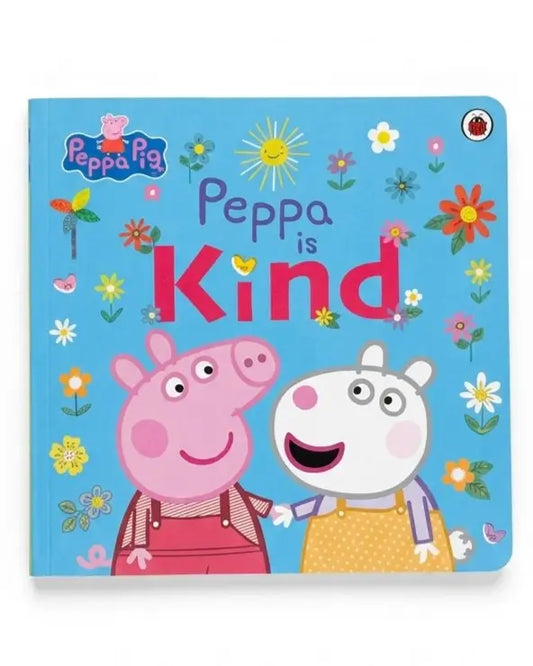 Peppa Pig board book titled 'Peppa is Kind' featuring Peppa and Suzy on a bright blue cover decorated with colorful flowers and sun illustrations.