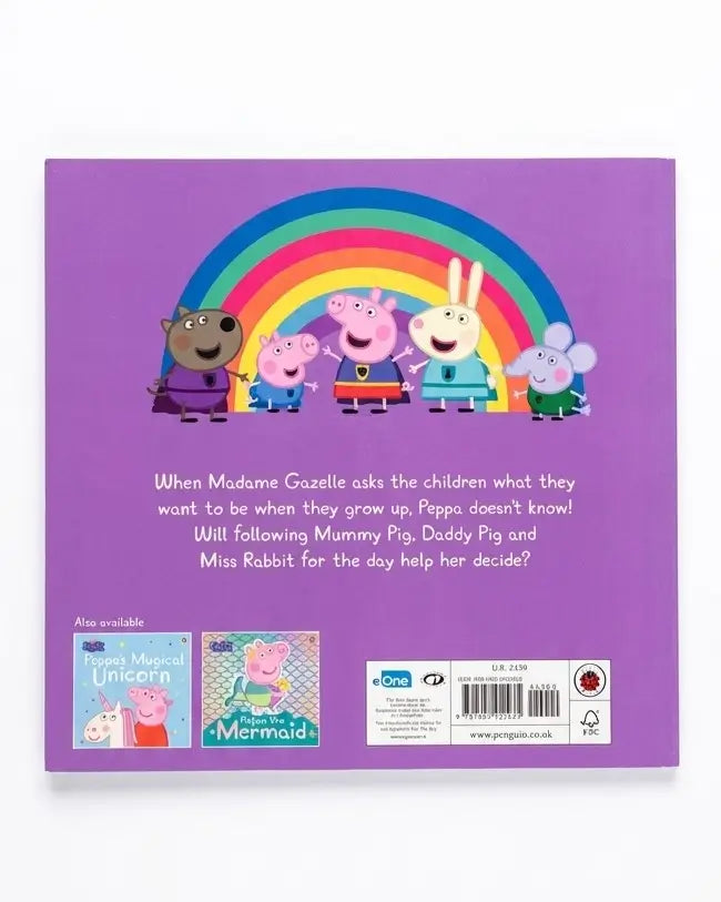 The back cover of a Peppa Pig children's book on a solid purple background, featuring illustrations of Peppa, George, Suzy, Mummy Pig, Daddy Pig, and Miss Rabbit under a rainbow, with text and barcode details.