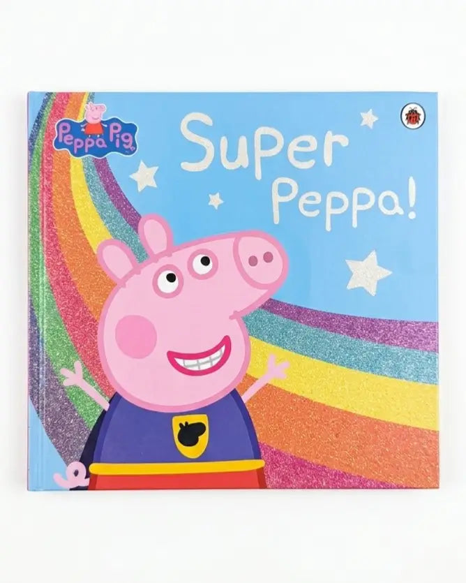 Peppa Pig 'Super Peppa!' children's board book with a colorful rainbow background and Peppa Pig in a superhero outfit on a light gray surface.