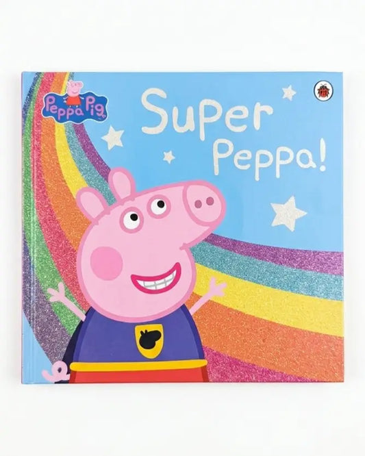 Peppa Pig 'Super Peppa!' children's board book with a colorful rainbow background and Peppa Pig in a superhero outfit on a light gray surface.