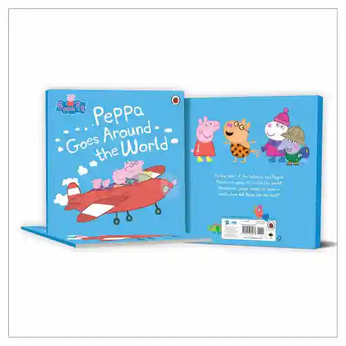 Children's book titled 'Peppa Goes Around the World' with cartoon characters on a blue cover.