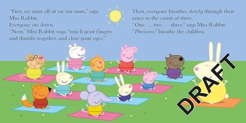 Illustration of cartoon animals doing yoga with text on a blue background