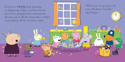 Children's book page with cartoon characters in a classroom setting