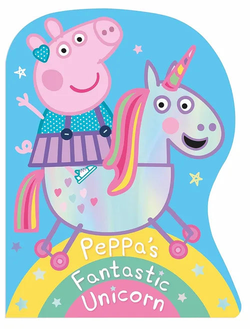 Book cover of 'Peppa's Fantastic Unicorn' featuring Peppa Pig and a unicorn on a blue background.