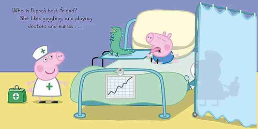 Cartoon scene with a pig character playing doctor and a dinosaur in a hospital bed, with text about Poppa's best friend.