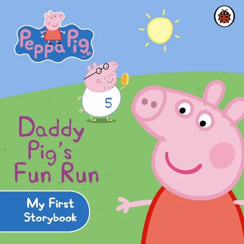Book cover of 'Daddy Pig's Fun Run' from Peppa Pig series with characters on a grassy hill.