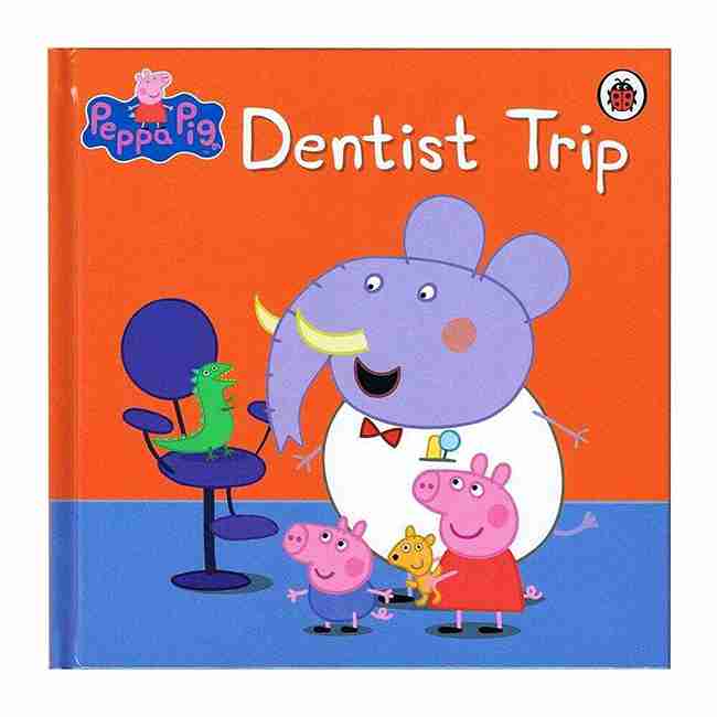 Book cover of 'Peppa Pig: Dentist Trip' with cartoon characters on an orange and blue background.