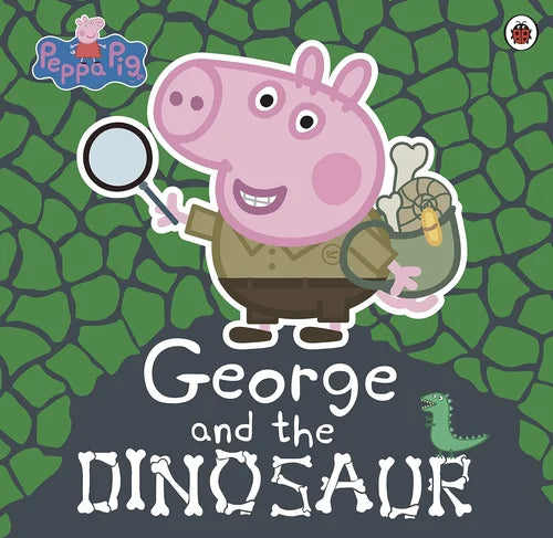 Book cover of 'Peppa Pig: George and the Dinosaur' with Peppa Pig holding a magnifying glass and dinosaur toy on a green and gray background.