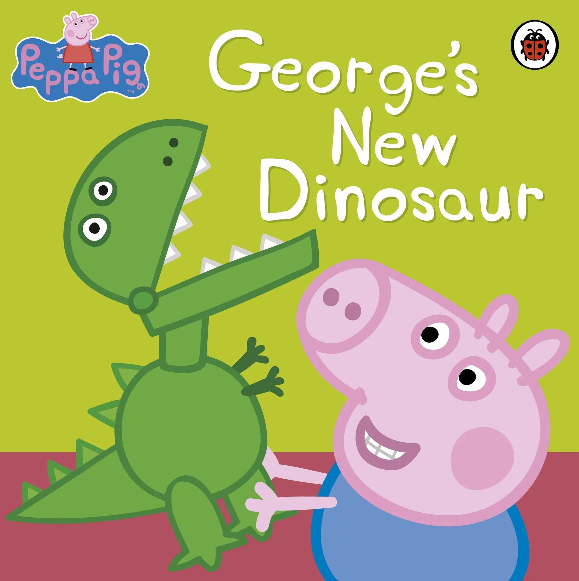 Book cover of 'Peppa Pig: George's New Dinosaur' with Peppa Pig and a dinosaur on a green background.
