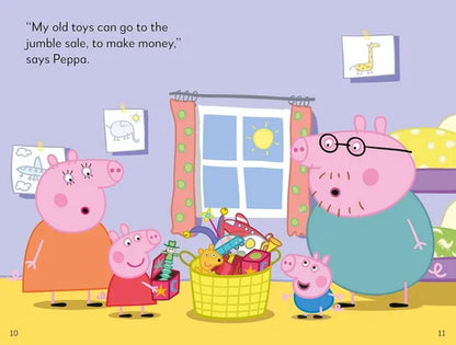 Illustration from a children's book featuring Peppa Pig and her family in a room with toys.