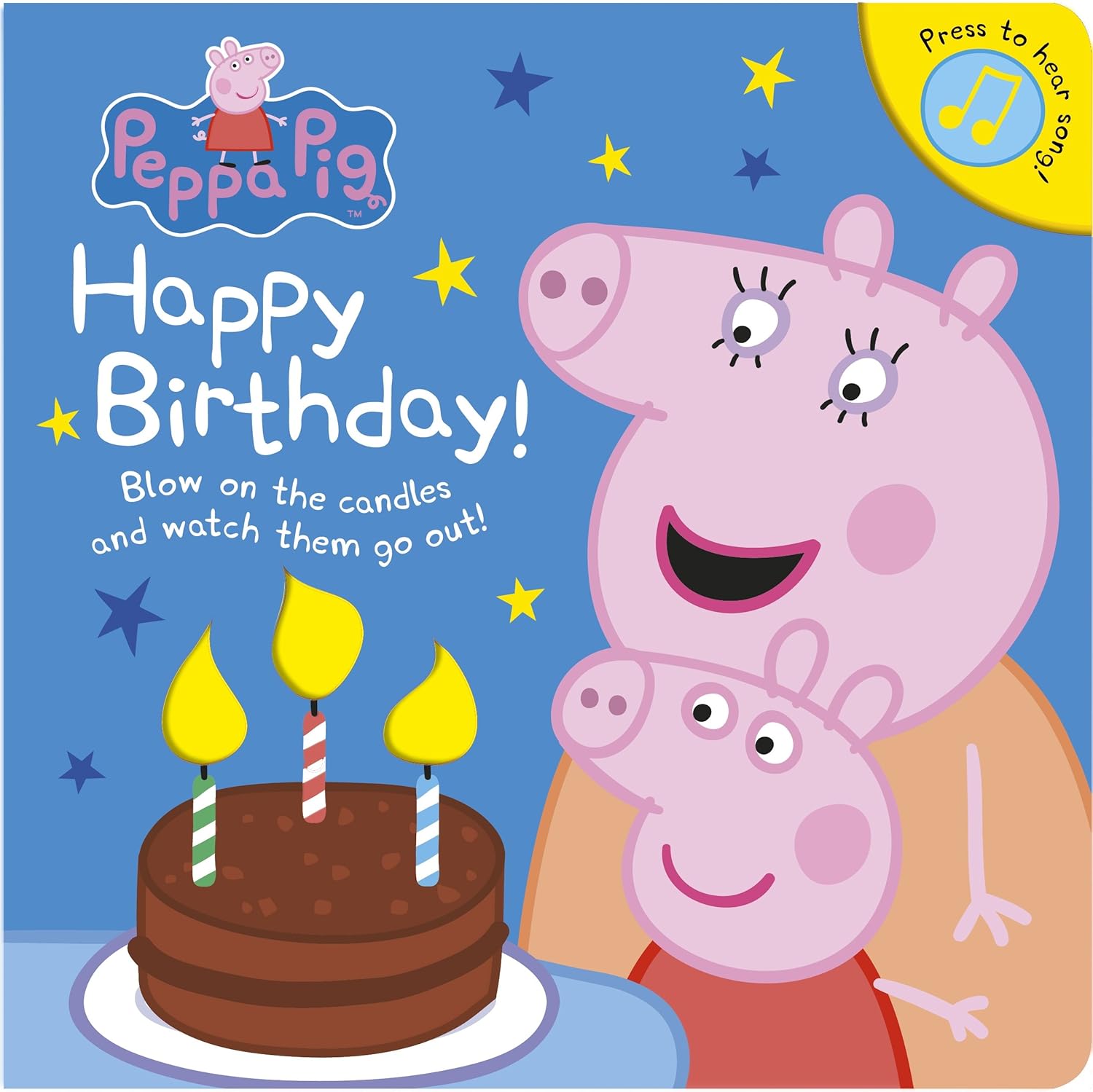 Cover of a Peppa Pig board music book showing Peppa and George Pig with a birthday cake and candles, celebrating a birthday.
