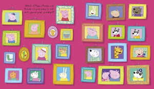 Illustrations of cartoon characters in colorful frames on a pink background