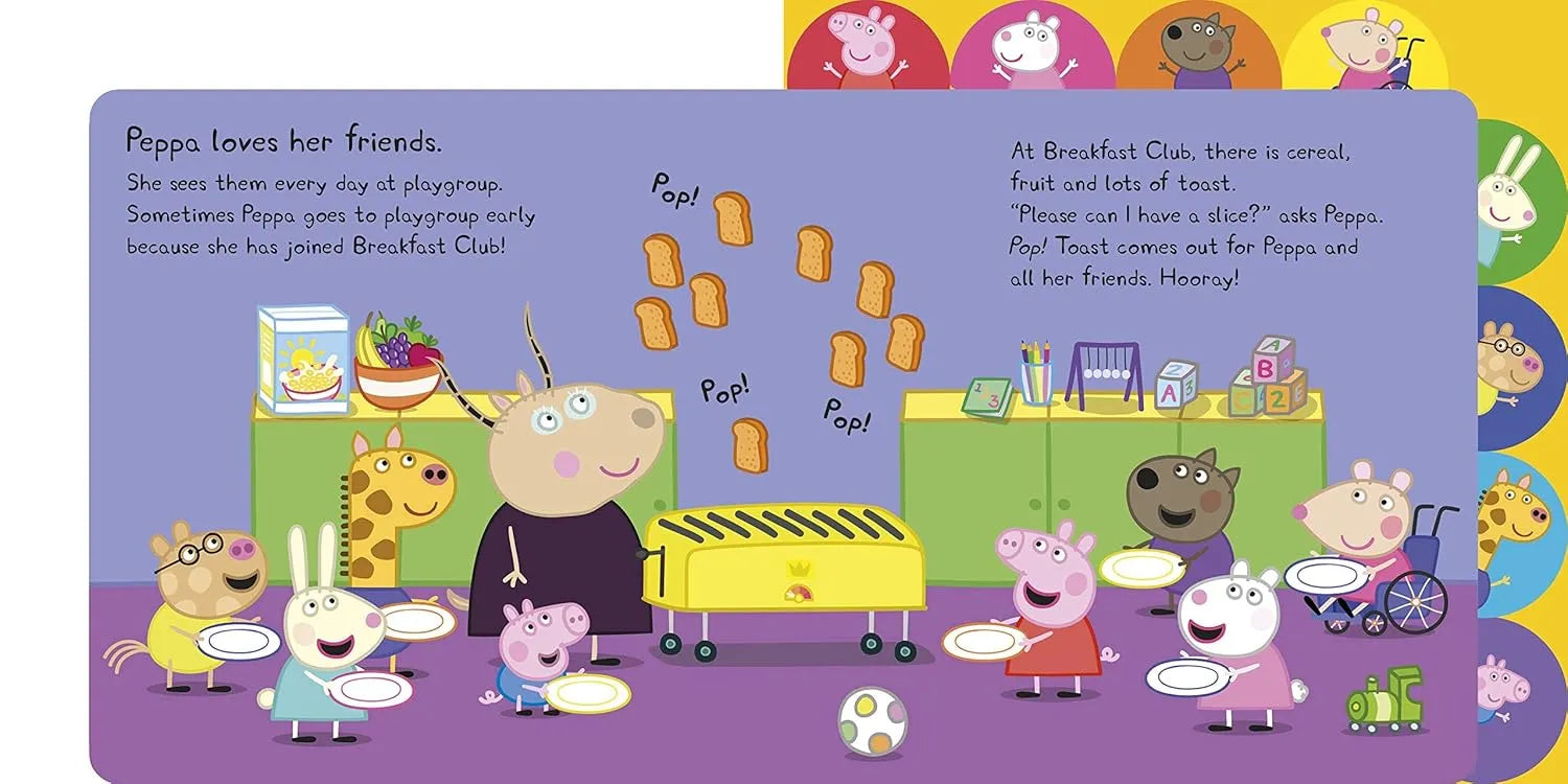Illustration of Peppa Pig and friends at a Breakfast Club with colorful background