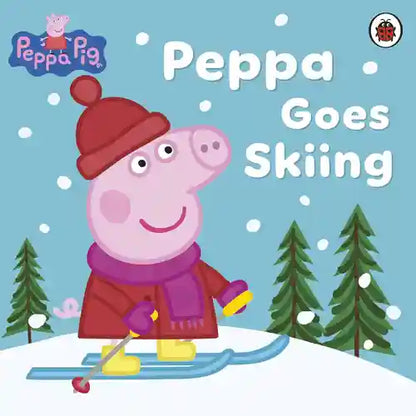 Book cover of 'Peppa Goes Skiing' featuring Peppa Pig skiing with a snowy background.