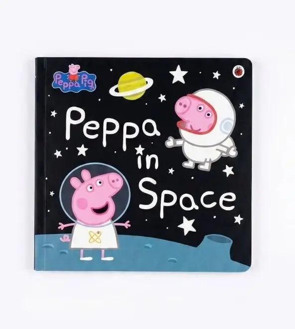 Peppa Pig 'Peppa in Space' children's board book with a black space-themed cover featuring Peppa and George as astronauts, stars, a yellow planet, and a blue moon surface.