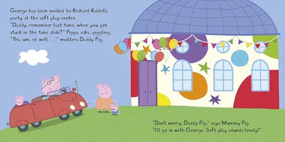 Illustration from a children's book with Peppa Pig and family at a soft play centre.
