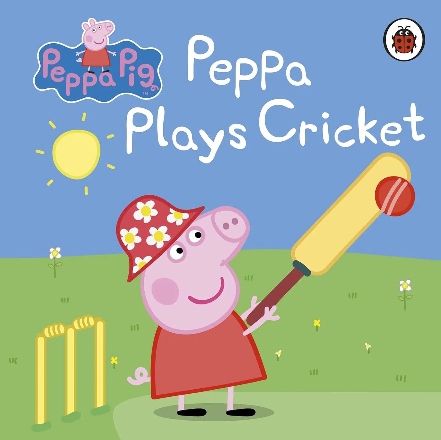 Book cover of 'Peppa Plays Cricket' featuring Peppa Pig holding a cricket bat.