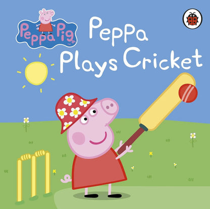 Book cover of 'Peppa Plays Cricket' featuring Peppa Pig holding a cricket bat.