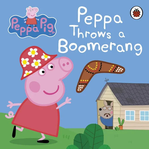 Book cover of 'Peppa Throws a Boomerang' featuring Peppa Pig in a red dress and flower hat.