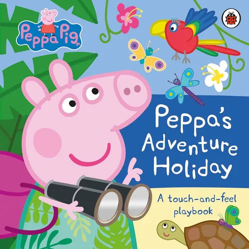 Book cover of 'Peppa's Adventure Holiday' featuring Peppa Pig with binoculars and jungle elements.
