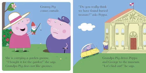 Illustrations from a children's book featuring Peppa Pig and her family at the museum.