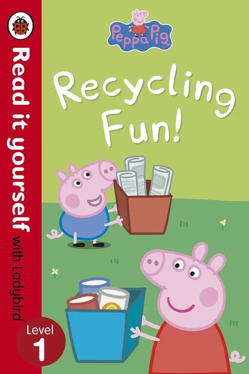 Children's book titled 'Recycling Fun!' featuring Peppa Pig and Suzy Sheep on a green background.