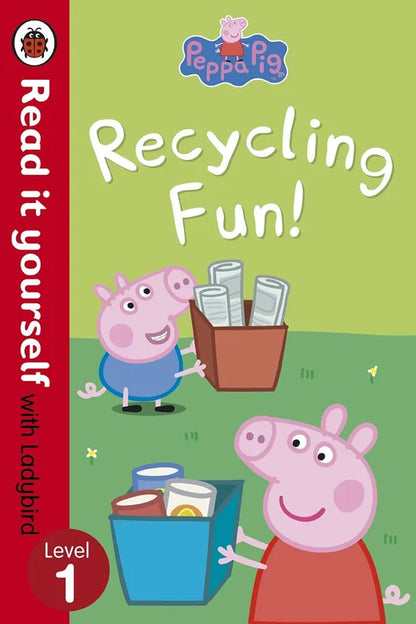 Children's book titled 'Recycling Fun!' featuring Peppa Pig and Suzy Sheep on a green background.