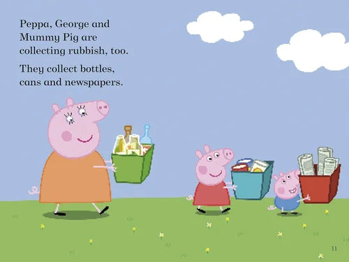 Illustration from a children's book showing Peppa, George, and Mummy Pig collecting rubbish outdoors.