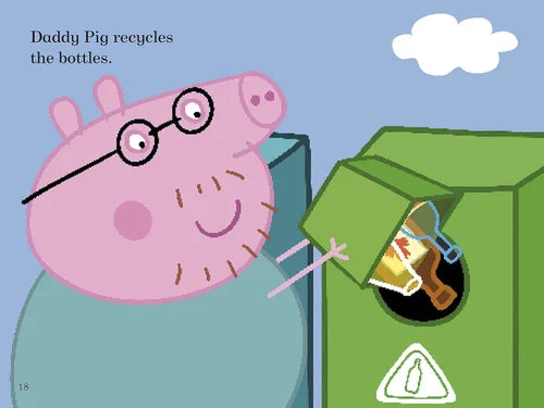 Cartoon pig character recycling bottles with a recycling bin and text 'Daddy Pig recycles the bottles.'