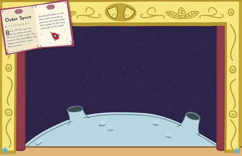 Cartoon depiction of a spaceship on a starry space background with a decorative border.