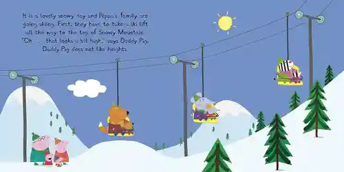 Illustration of animals on a ski lift with a snowy mountain background